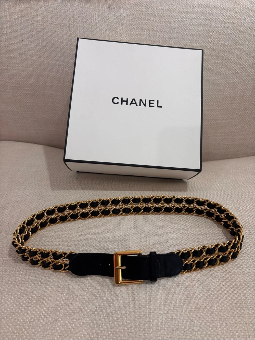 Authentic CHANEL chain link leather 75cm buckle belt